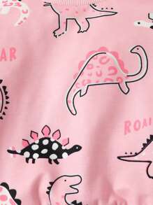 2 件套女婴卡通恐龙全印花圆领长袖上衣和长裤休闲套装，粉色，春夏