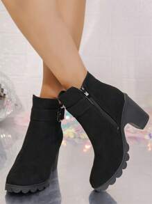 2024 New Arrivals Thick-Heeled Ankle Boots For Women, Autumn/Winter, Suede Leather, Waterproof Platform, Mid Chunky Heel Boots, Black