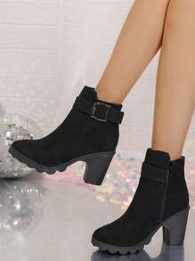 2024 New Arrivals Thick-Heeled Ankle Boots For Women, Autumn/Winter, Suede Leather, Waterproof Platform, Mid Chunky Heel Boots, Black