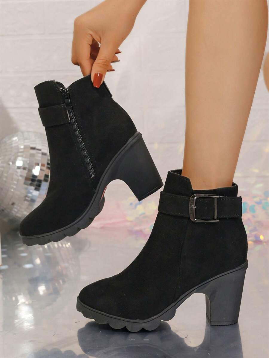 2024 New Arrivals Thick-Heeled Ankle Boots For Women, Autumn/Winter, Suede Leather, Waterproof Platform, Mid Chunky Heel Boots, Black