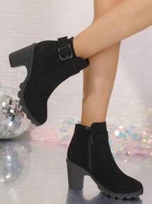 2024 New Arrivals Thick-Heeled Ankle Boots For Women, Autumn/Winter, Suede Leather, Waterproof Platform, Mid Chunky Heel Boots, Black