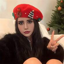 Boina roja navideña, gorra a juego de fotógrafo a la moda, gorra decorativa con árbol de Navidad en 3D para crear un ambiente acogedor navideño, para Halloween y Navidad - Multicolor - Ver 9