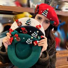 Boina roja navideña, gorra a juego de fotógrafo a la moda, gorra decorativa con árbol de Navidad en 3D para crear un ambiente acogedor navideño, para Halloween y Navidad - Multicolor - Ver 1