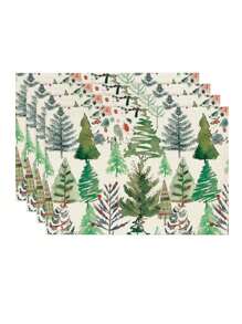 Watercolor Pine Tree Merry Christmas Linen Placemats And Table Runner Set, 12"X18" Placemats & 13"X72" Table Runner, Christmas Holiday Farmhouse Kitchen Dining Table Decor For Party, Gathering, Home - Multicolor - View 15