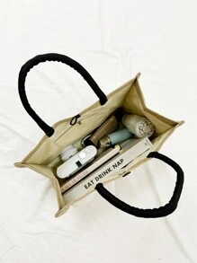 Bộ 1 túi tote vải lanh, gồm 1 túi tote in chữ "Milan, Italy" và 1 túi nhỏ in hoa và chữ, bao bì quà tặng cá nhân hóa, phù hợp cho đám cưới, sinh nhật, đi biển, kỳ nghỉ và nhiều dịp khác, món quà hoàn hảo cho phụ nữ, mẹ, giáo viên, bạn bè, phù dâu, sinh viên và mùa tựu trường. - Màu Khaki - Xem 5
