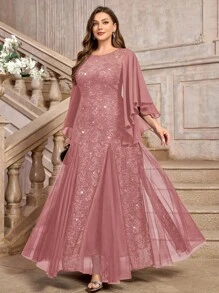 优雅蝴蝶袖雪纺花卉亮片蕾丝撞色网纱鱼尾下摆晚礼服，高贵典雅，适合正式舞会、婚礼宾客，也适合情人节、生日、毕业典礼、宴会、节日派对等场合。 - 藕粉色 - 查看 5