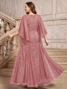 优雅蝴蝶袖雪纺花卉亮片蕾丝撞色网纱鱼尾下摆晚礼服，高贵典雅，适合正式舞会、婚礼宾客，也适合情人节、生日、毕业典礼、宴会、节日派对等场合。 - 藕粉色 - 查看 3