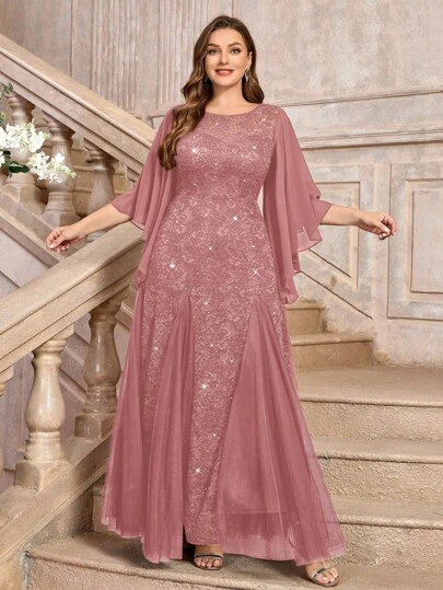 优雅蝴蝶袖雪纺花卉亮片蕾丝撞色网纱鱼尾下摆晚礼服，高贵典雅，适合正式舞会、婚礼宾客，也适合情人节、生日、毕业典礼、宴会、节日派对等场合。