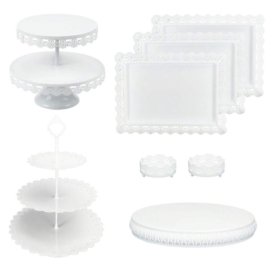 8Pcs Gold Cake Stand Set, 14 Inch Round Metal Cake Stand With 50lb Capacity, Candy Fruit Display Plate Cupcake Serving Tower For Birthday Baby Shower Wedding Decor (Gold/Champagne/White) - trắng - Xem 1