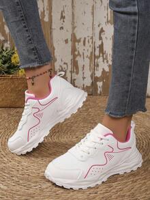 女士厚底运动鞋，休闲系带防滑舒适跑步鞋，轻便步行鞋 - 白粉 - 查看 4