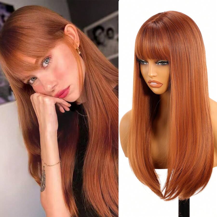 Peluca rubia larga en capas con flequillo, pelucas de cabello lacio para mujeres, peluca de cabello sintético resistente al calor de aspecto natural para uso diario de cosplay de fiesta de 20 pulgadas