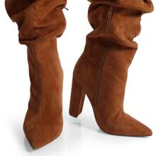 Over The Knee Wide Calf Slouchy Chunky Heel Boots - Brown - View 3