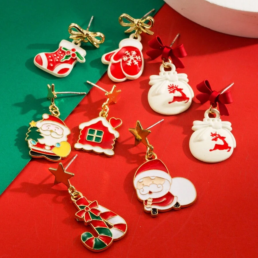 一对合金圣诞耳环，时尚百搭，蝴蝶结形手套，不对称银针，节日耳环 - 耳飾 - 查看 1
