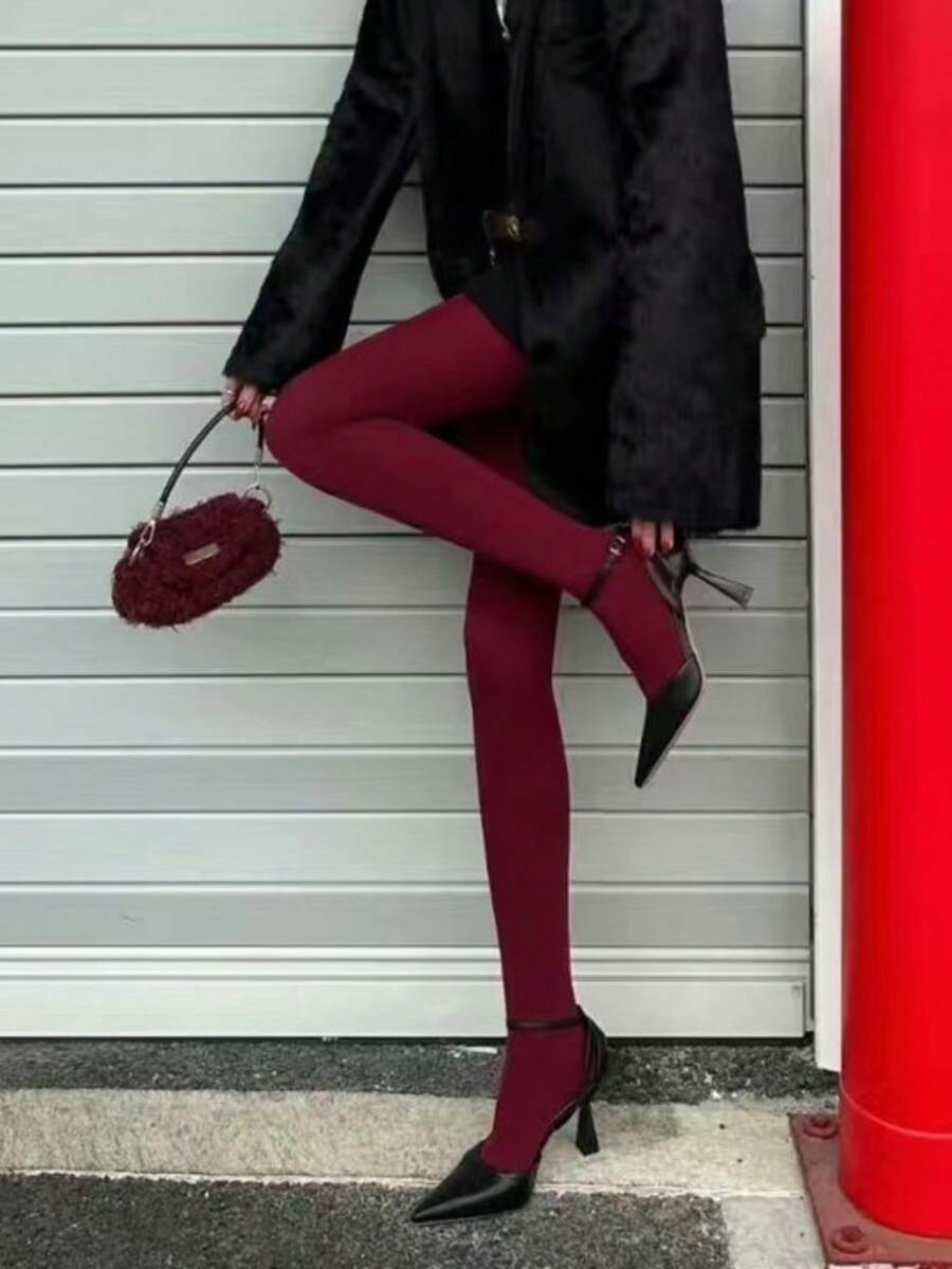 1 件糖果色 120D 不透明天鹅绒厚紧身裤，耐磨彩色天鹅绒连裤袜，春夏 - 酒紅色 - 查看 1