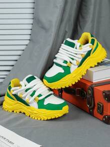 白色和绿色男士时尚厚底系带休闲运动鞋，高街运动休闲风格，多种颜色可选 - 彩色 - 查看 3