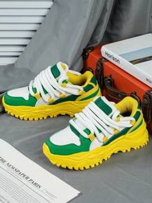 白色和绿色男士时尚厚底系带休闲运动鞋，高街运动休闲风格，多种颜色可选 - 彩色 - 查看 4