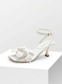 Women Flower Decor Low Kitten Heeled Sandals, Fashion Square Open Toe Ankle Strap Heeled Sandals For Christmas Halloween Party Prom - trắng - Xem 5