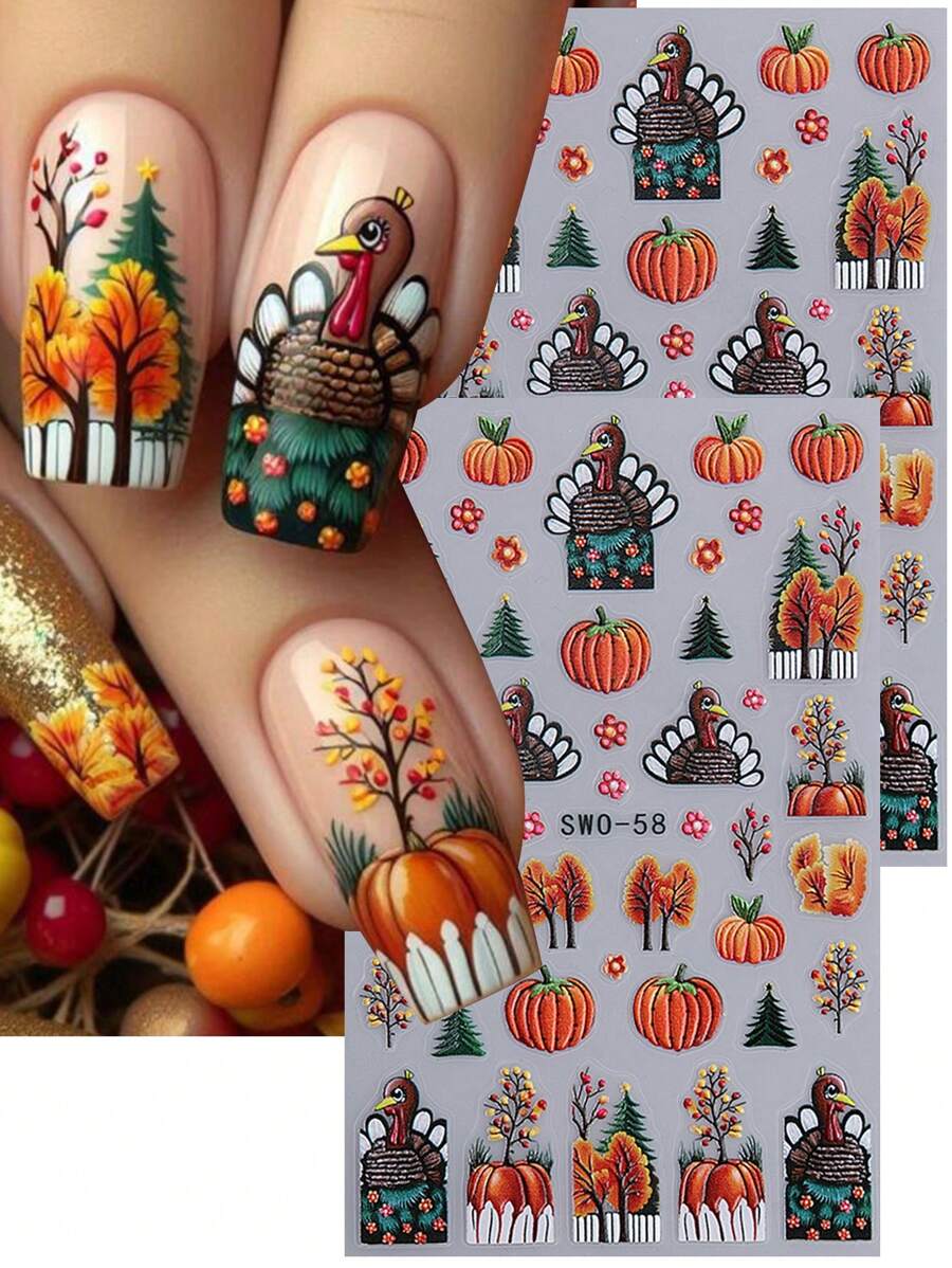 2 件逼真 5D 节日南瓜美甲贴纸感恩节设计丰收秋季美甲火鸡南瓜树雕刻贴花自粘滑块 DIY 美甲箔装饰 - 彩色 - 查看 1