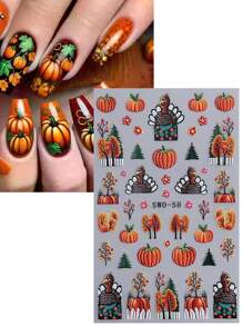 2 件逼真 5D 节日南瓜美甲贴纸感恩节设计丰收秋季美甲火鸡南瓜树雕刻贴花自粘滑块 DIY 美甲箔装饰 - 彩色 - 查看 3
