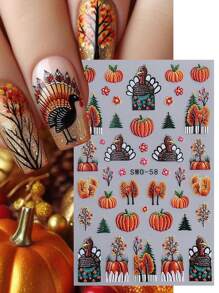 2 件逼真 5D 节日南瓜美甲贴纸感恩节设计丰收秋季美甲火鸡南瓜树雕刻贴花自粘滑块 DIY 美甲箔装饰 - 彩色 - 查看 2