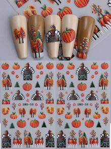 2 件逼真 5D 节日南瓜美甲贴纸感恩节设计丰收秋季美甲火鸡南瓜树雕刻贴花自粘滑块 DIY 美甲箔装饰 - 彩色 - 查看 4