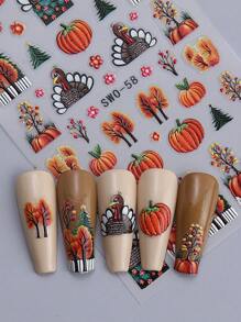 2 件逼真 5D 节日南瓜美甲贴纸感恩节设计丰收秋季美甲火鸡南瓜树雕刻贴花自粘滑块 DIY 美甲箔装饰 - 彩色 - 查看 9