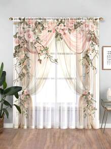 1pc Christmas Decorative Sheer Curtain, Floral & Pillar Romantic Style Curtain, Machine Washable, Suitable For Bedroom, Office, Kitchen, Living Room, Home Decor - Multicolor - View 4