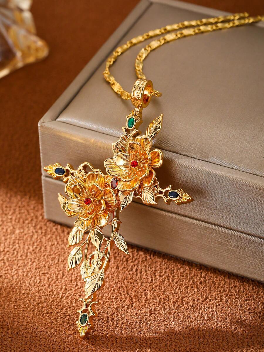 Dây chuyền mặt thánh giá hoa sang trọng mới cho nam nữ Dây chuyền mặt lớn thanh lịch làm quà tặng Túi Fannel - Vàng - Xem 1