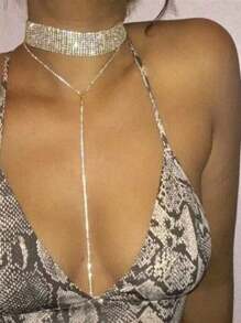 1pc Elegant Rhinestone Choker Necklace, Minimalist Long Chain Necklace For Women, Party Jewelry