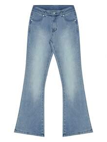 Women's Casual Low Waist Slim Fit Flare Jeans With Pockets - Blue - View 3