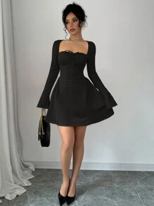 abyoxi Black Color Chest Pleated Short Dress, Side Design, Pure Desire Style, Outdoor Dressing, Internet Famous Spicy Girl,Wedding Dating,Christmas Day, Valentine's Day,Back To School,Fall/Winter Clothes For Women