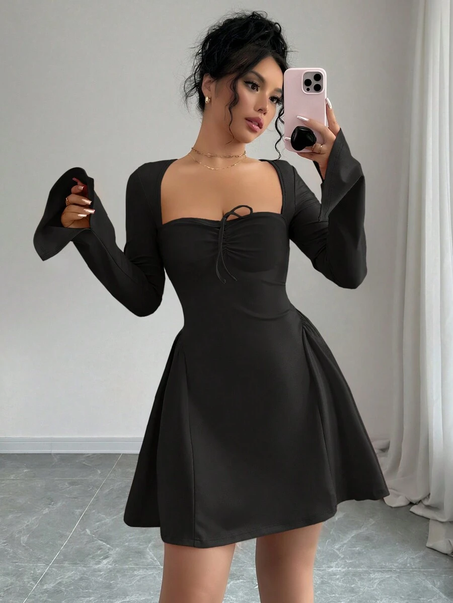 abyoxi Black Color Chest Pleated Short Dress, Side Design, Pure Desire Style, Outdoor Dressing, Internet Famous Spicy Girl,Wedding Dating,Christmas Day, Valentine's Day,Back To School,Fall/Winter Clothes For Women