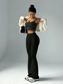 FWH Modische lässige, einfache Po-anhebende Pfirsich-Po Mode, elegante Streetwear, retroaktiv schlank, dezent luxuriös, beinverlängernd, klassisch, einfach, hochwertig, schlank, hochgeschnitten, vielseitig, weitbeinig, neue europäische Stil Taille formende Fitness Weite Bein Yoga Hose