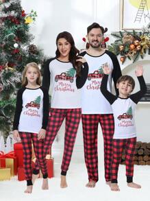 2 peças/conjunto Pijama Família Combinando Natalino Masculino com Estampa Xadrez Engraçada de Carro e Árvore de Natal, Camisa de Manga Longa e Calça, Roupa de Relaxar Aconchegante para Feriados