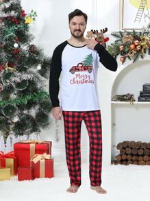 2 peças/conjunto Pijama Família Combinando Natalino Masculino com Estampa Xadrez Engraçada de Carro e Árvore de Natal, Camisa de Manga Longa e Calça, Roupa de Relaxar Aconchegante para Feriados