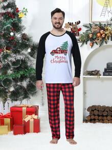 2 peças/conjunto Pijama Família Combinando Natalino Masculino com Estampa Xadrez Engraçada de Carro e Árvore de Natal, Camisa de Manga Longa e Calça, Roupa de Relaxar Aconchegante para Feriados