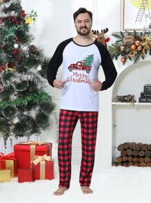 2 peças/conjunto Pijama Família Combinando Natalino Masculino com Estampa Xadrez Engraçada de Carro e Árvore de Natal, Camisa de Manga Longa e Calça, Roupa de Relaxar Aconchegante para Feriados