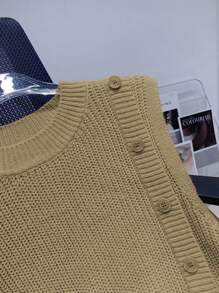 Women's Crew Neck Slit Hem Pullover Knit Sweater Vest, Christmas & New Year - Khaki - View 5