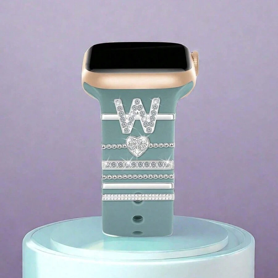 6 件/套硅胶表带装饰环适用于 38 毫米 Apple Watch，包括字母和心形印花表带，非常适合母亲节、父亲节和节日手链、圣诞节礼物、感恩节礼物 Y2K - 彩色 - 查看 1
