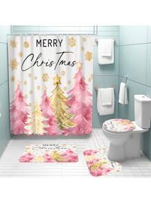 Bộ rèm tắm hình cây thông Noel màu hồng 1/4 chiếc, rèm tắm chống thấm nước có 12 móc, thảm nhà tắm, thảm hình chữ U cho bồn cầu, nắp bồn cầu, vách ngăn phòng tắm, phụ kiện phòng tắm, đồ trang trí phòng tắm, trang trí mùa thu trở lại trường học - Nhiều màu - Xem 4