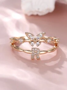 Tsnamer 1 件精致蝴蝶首字母戒指，适合女士 26 个字母 A-Z 个性化名字堆叠戒指珠宝生日圣诞礼物 - 戒指 - 查看 31