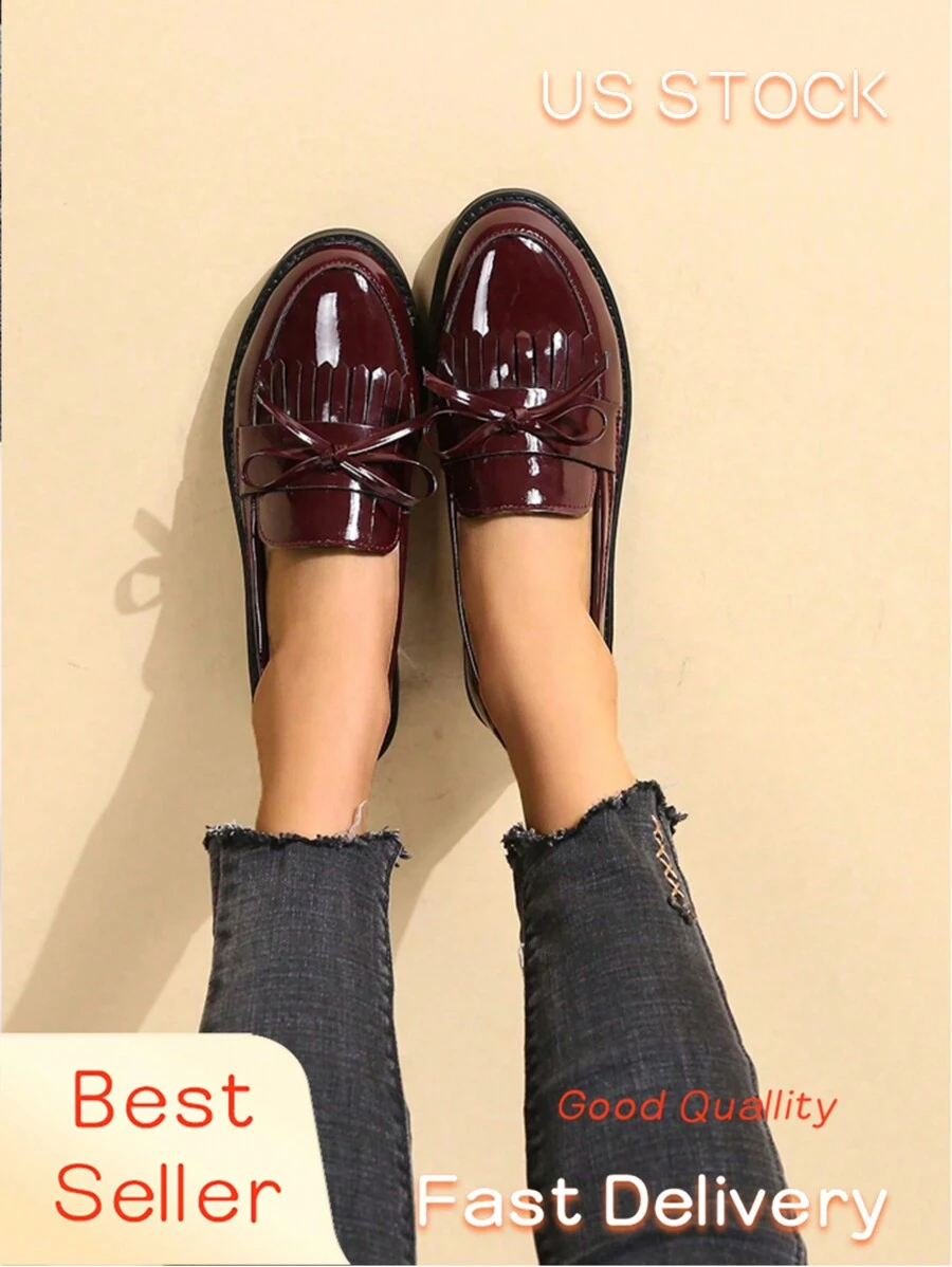 女士透气蝴蝶结流苏一脚蹬乐福鞋，纯色英伦风迷你皮鞋 - 酒紅色 - 查看 1