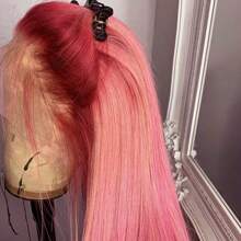 Pink Red Ombre Color Wigs Long Silky Straight Lace Front Wig Colorful Pink Glueless Lace Front Synthetic Wig Heat Resistant Fiber Hair Replacement Wig For Women Cosplay Party & Daily Use - 漸層粉紅色 - 查看 3