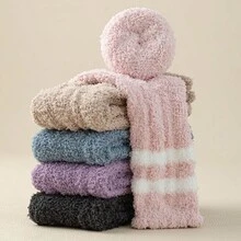 3prs 秋冬珊瑚绒厚毛绒条纹女士家居袜，温暖地板睡眠袜 - 彩色 - 查看 8