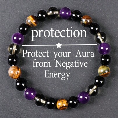 1pc Tiger's Eye & Amethyst Beaded Elastic Bracelet, Natural Energy Balancing Crystal Jewelry Gift, Suitable For Both Men & Women