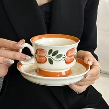 复古风格创意陶瓷咖啡杯碟套装 - 精致的下午茶杯 - 送给朋友的完美礼物 - 迷人的纪念品 - 适合女孩聚会和特殊场合 - 适合家庭和娱乐的时尚饮具 - 橘色 - 查看 11