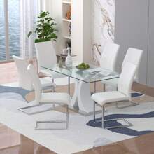 63" Modern Glass Dining Table With 6 PU Dining Chairs,Modern Glass Dining Table With 4 Black PU Dining Chairs - 白色桌子配 6 張白色椅子 - 查看 1