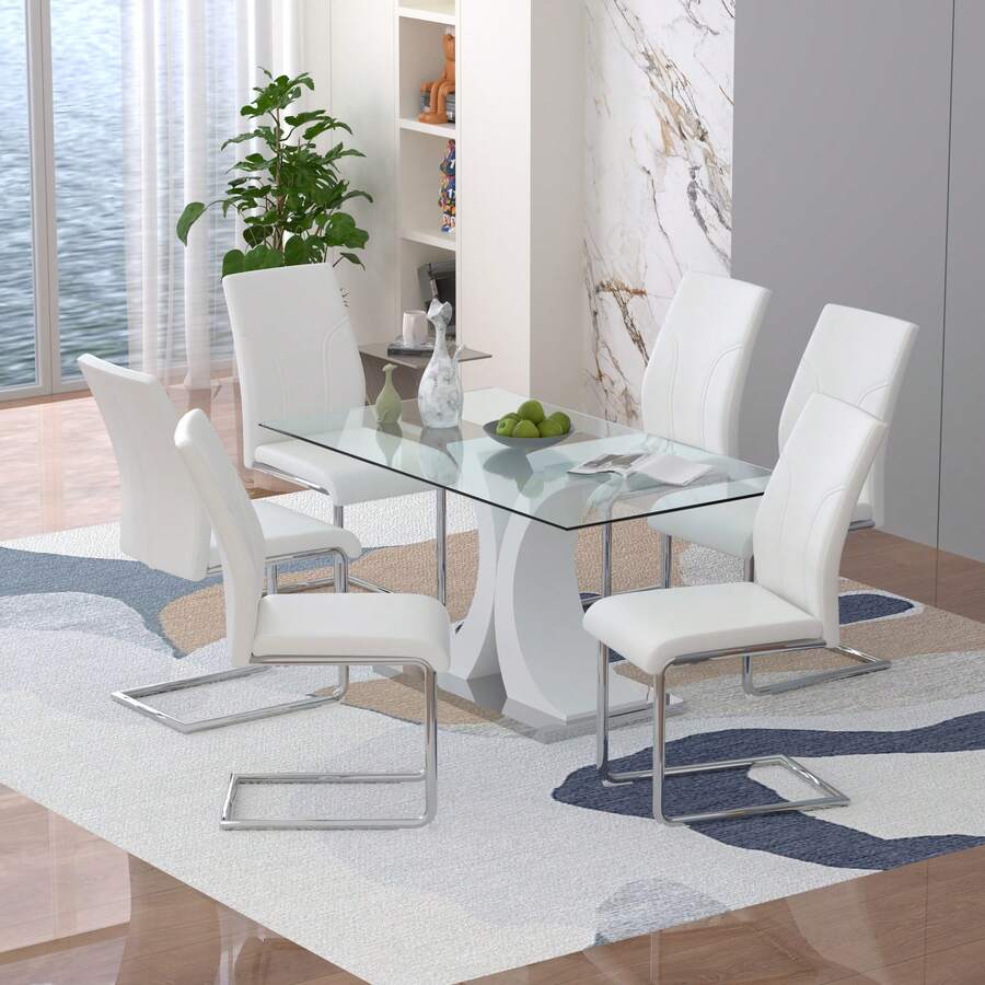 63" Modern Glass Dining Table With 6 PU Dining Chairs,Modern Glass Dining Table With 4 Black PU Dining Chairs - 白色桌子配 6 張白色椅子 - 查看 1
