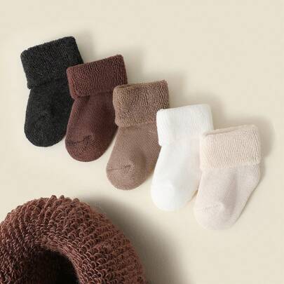 5pairs Baby Infant Socks, Warm Crew Socks For Newborn Boys Girls, Candy Colors, Autumn Winter