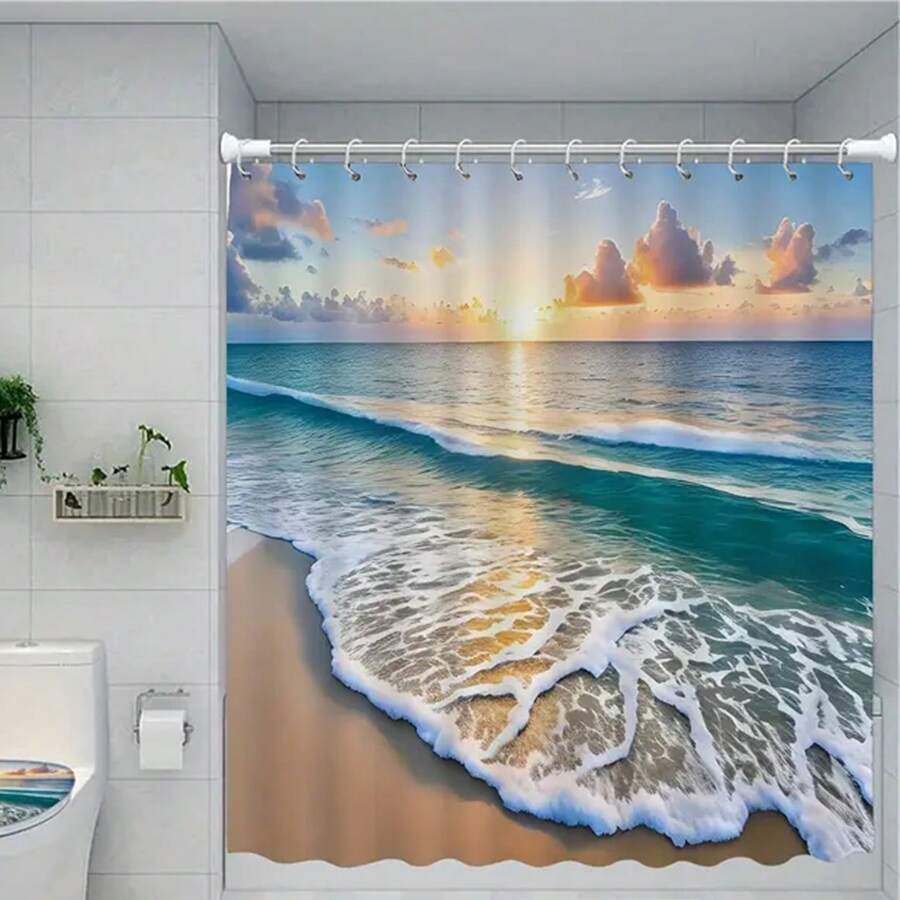 1pc Sunset Beach Pattern Bathroom Essentials Waterproof Shower Curtain With 12 Hooks, And Decorative Accessories Home Bathroom Decor Fall Decor Bathroom Accessories Back To School